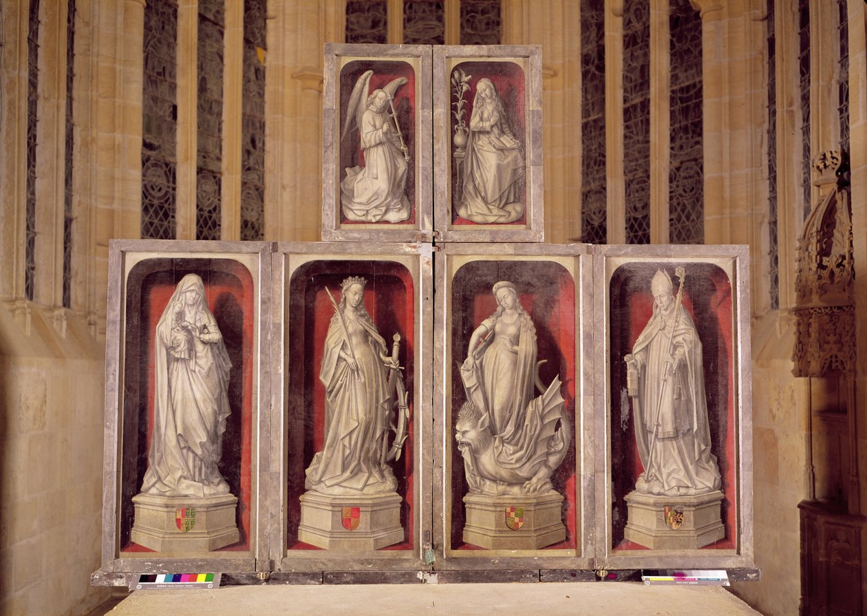 Utsikt over panelene til den lukkede altertavlen, som viser kunngjøringen og helgenene, 1460-66 av Rogier van der Weyden