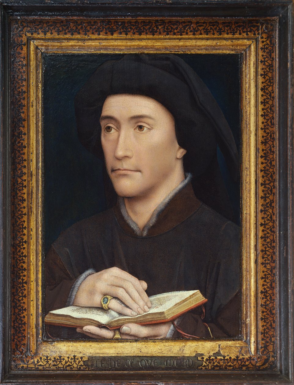 Portrett av en mann som holder en åpen bok (muligens biskop Guillaume Fillastre) før 1437 (for verso se 65800) av Rogier van der Weyden
