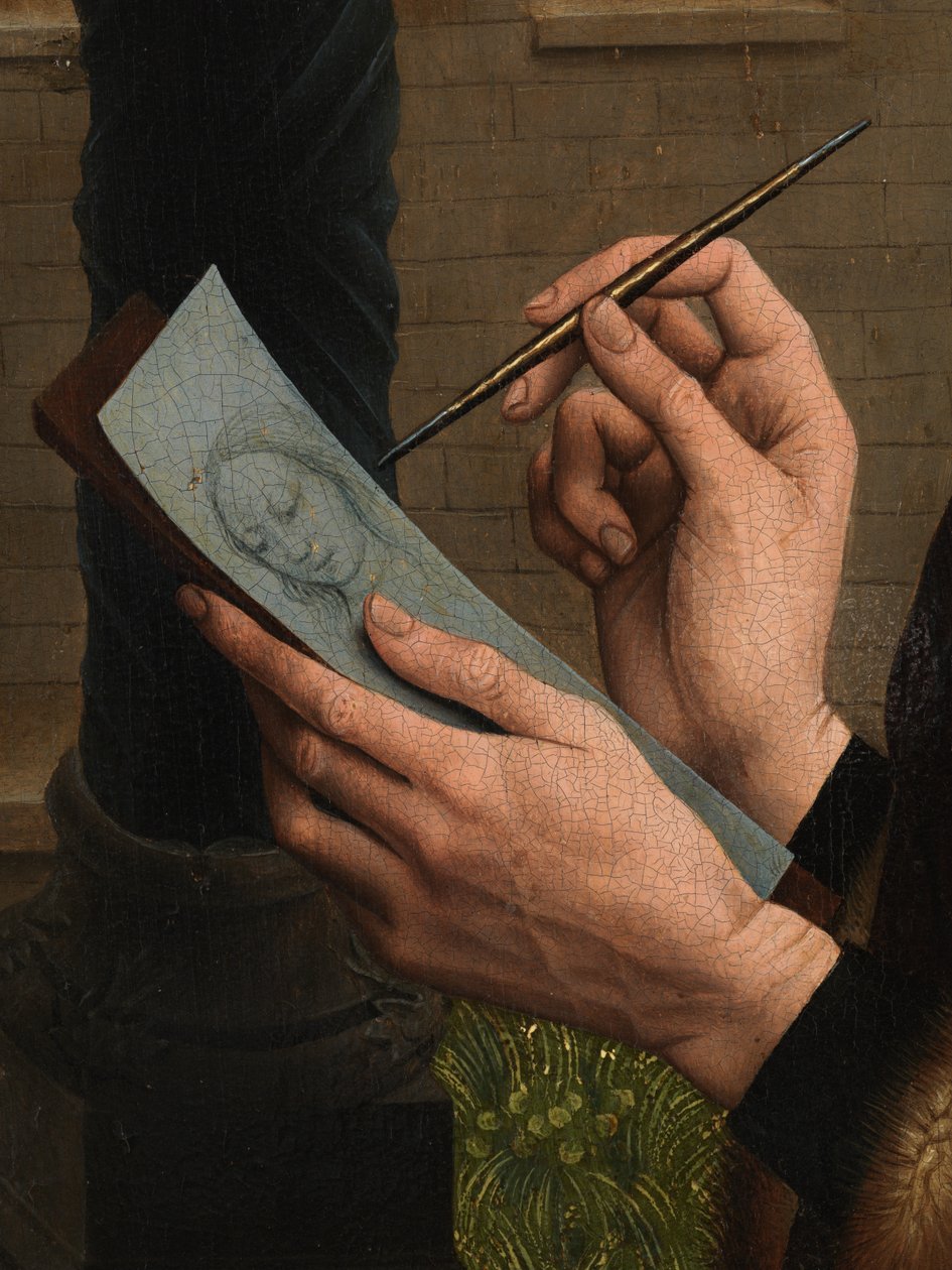 Detalj av Saint Luke tegner jomfruens portrett (olje på panel) av Rogier van der (after) Weyden
