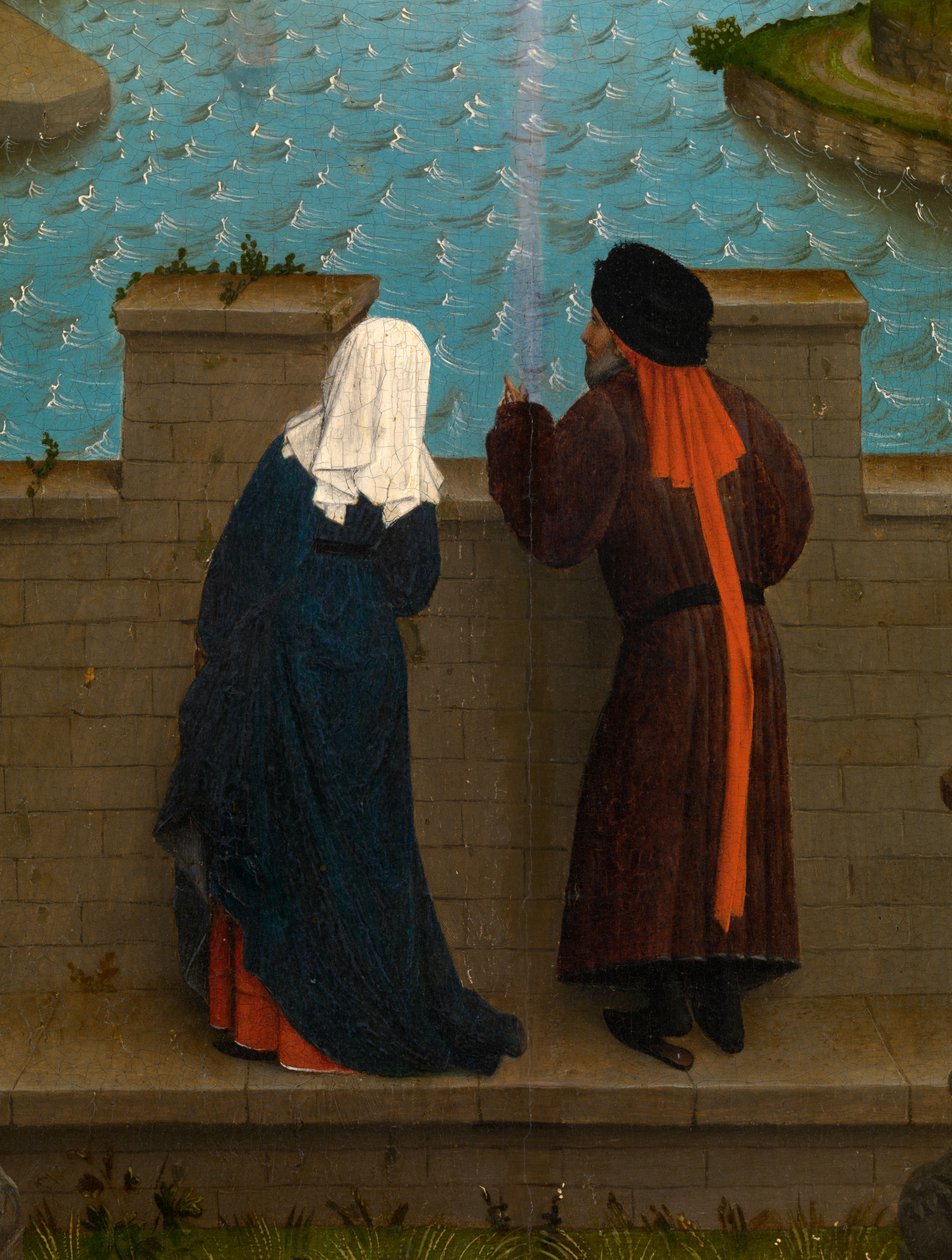 Detalj av Saint Luke tegner jomfruens portrett (olje på panel) av Rogier van der (after) Weyden