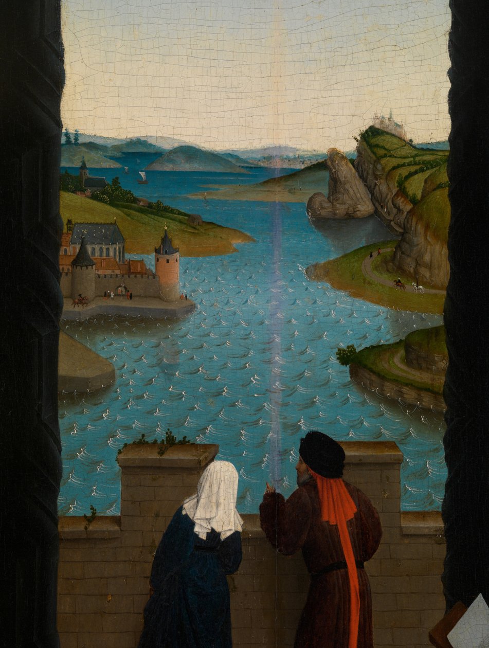 Detalj av Saint Luke tegner jomfruens portrett (olje på panel) av Rogier van der (after) Weyden