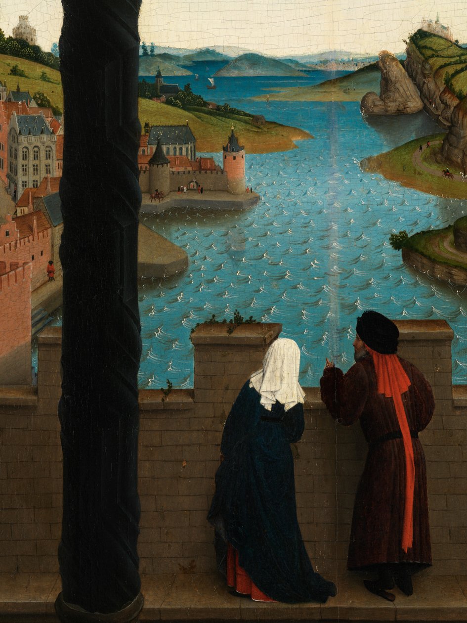 Detalj av Saint Luke tegner jomfruens portrett (olje på panel) av Rogier van der (after) Weyden