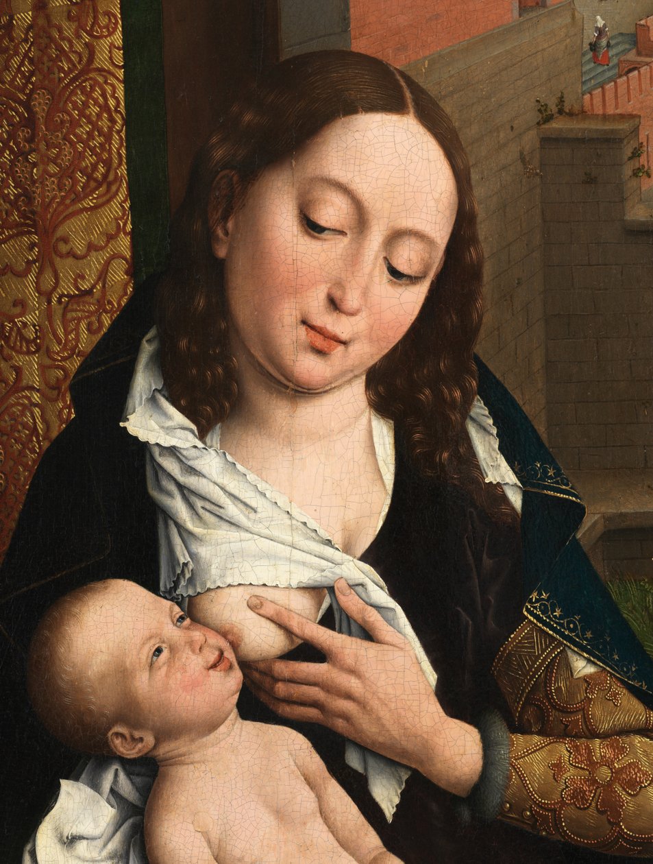Detalj av Saint Luke tegner jomfruens portrett (olje på panel) av Rogier van der (after) Weyden