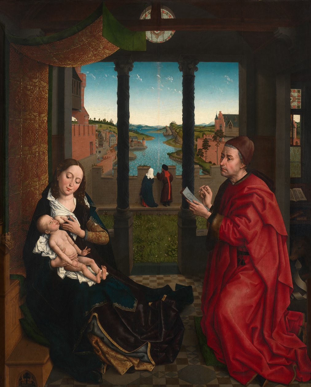 Saint Luke tegner jomfruens portrett (olje på panel) av Rogier van der (after) Weyden