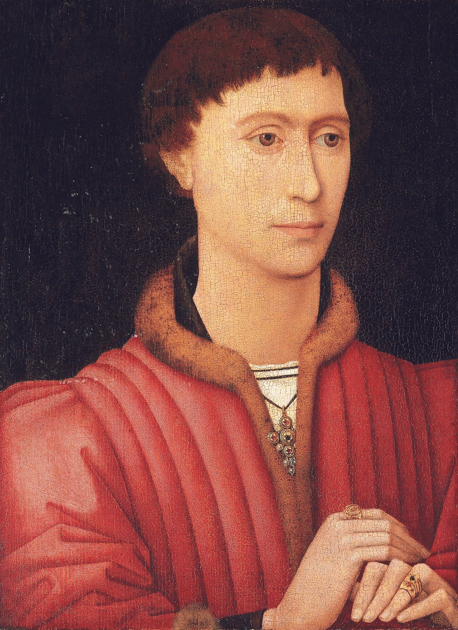 Portrett av en ung mann, bystelengde, i en pelskrimmet rød dublett, ca. 1450-60 (olje på panel) av Rogier van der (circle of) Weyden