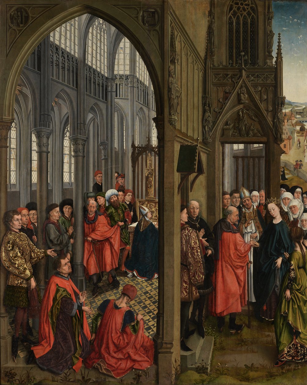 Blomstringen av Josefs stang og Jomfruens forlovelse (olje på panel) av Rogier van der (follower of) Weyden