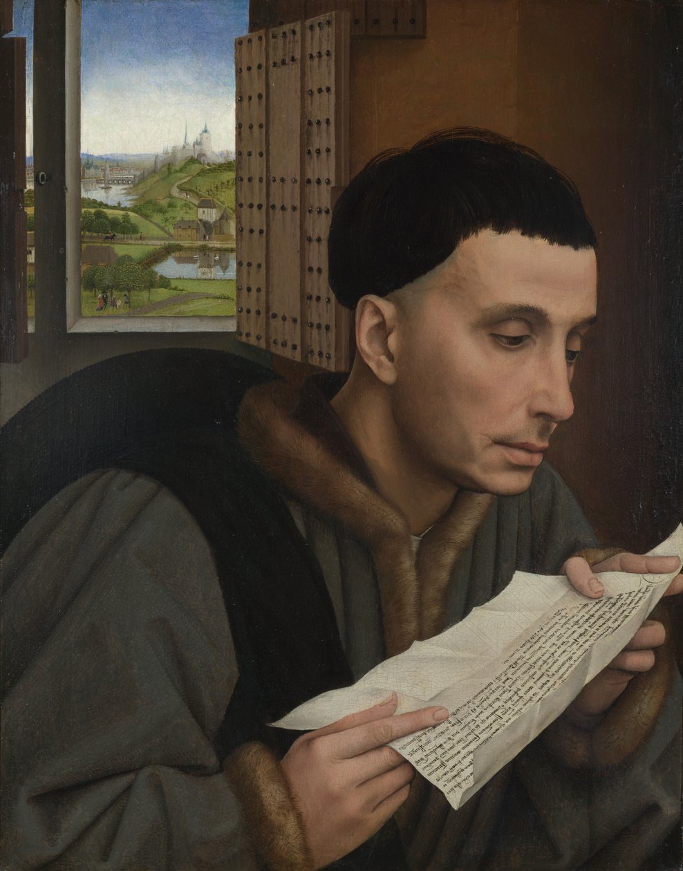 En mann som leser (Saint Ivo?), ca. 1450 (olje på panel) av Rogier van der (workshop of) Weyden