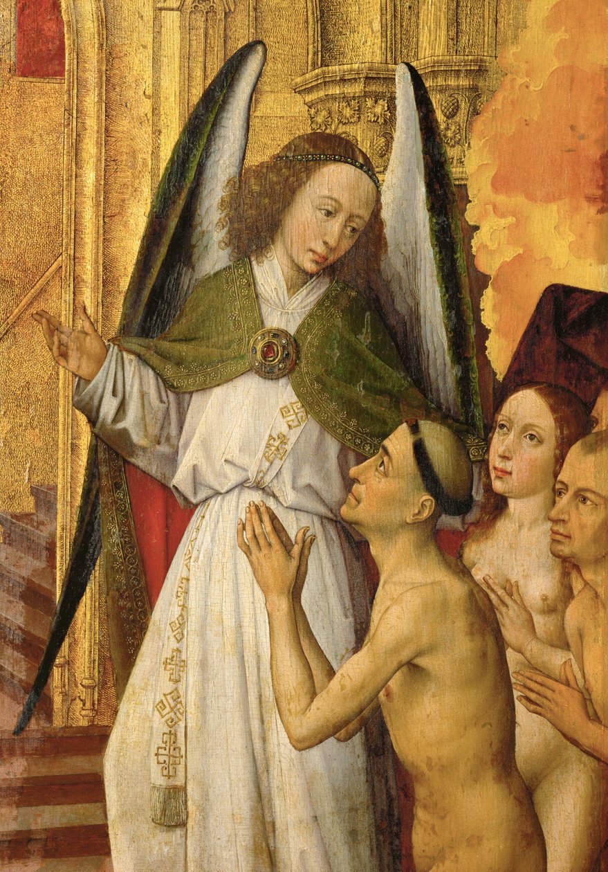 Alteret for den siste dommedag: detalj: En engel som leder de rettferdige til paradis, en gyllen katedral av Rogier van der Weyden