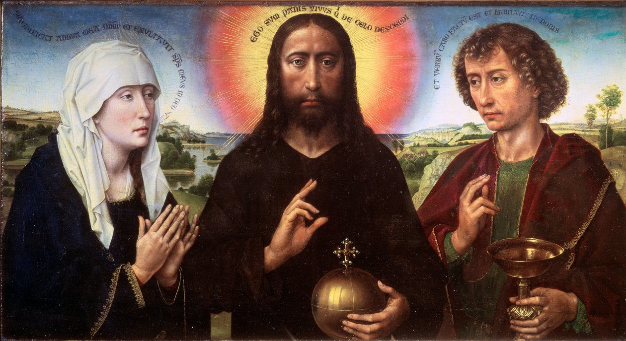Kristus forløser mellom jomfruen og den hellige Johannes evangelisten (Triptych Braque), ca. 1450 (Olje på tre) av Rogier van der Weyden