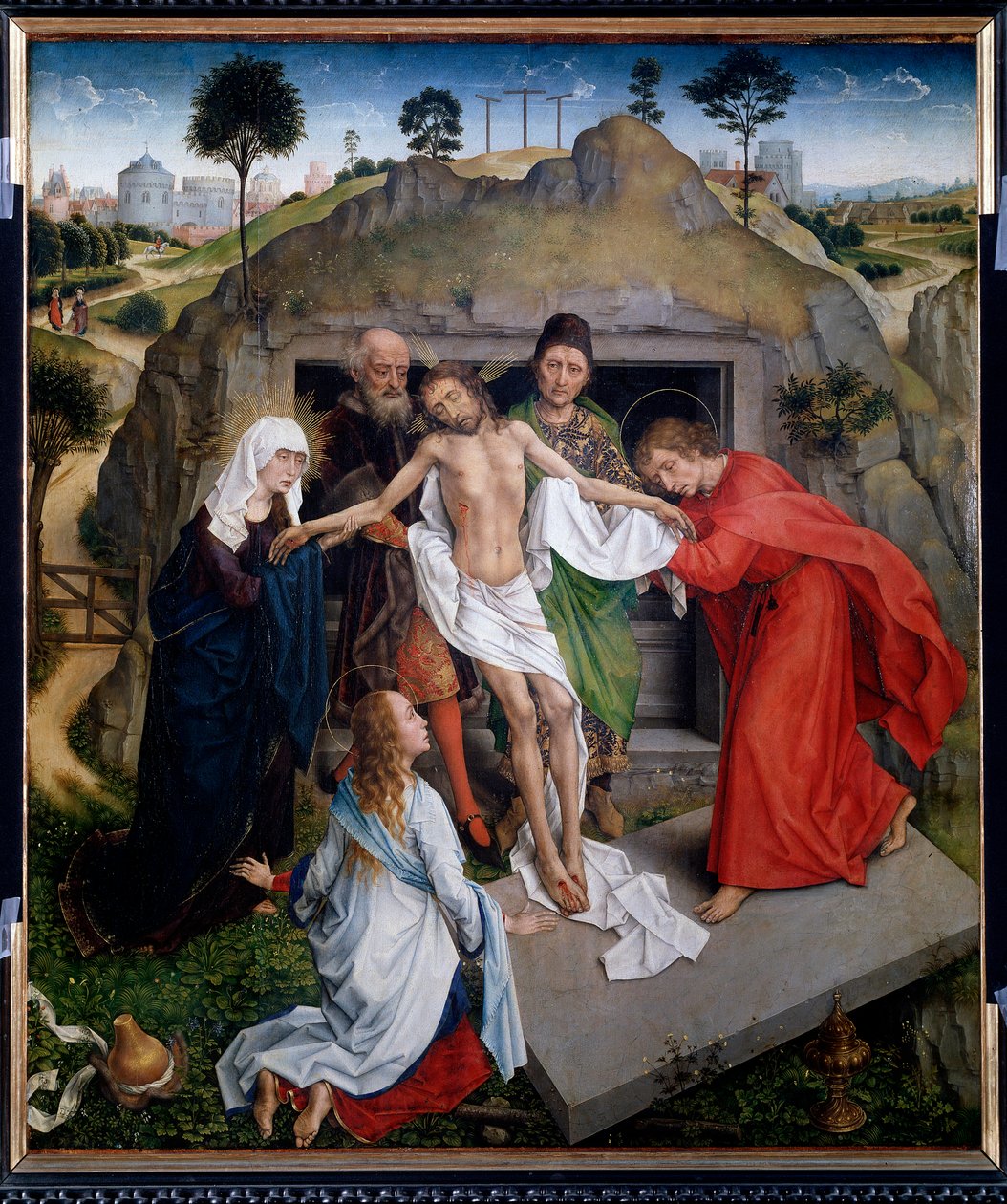 Avsetning i graven Kristi klagesang - olje på panel av Rogier van der Weyden