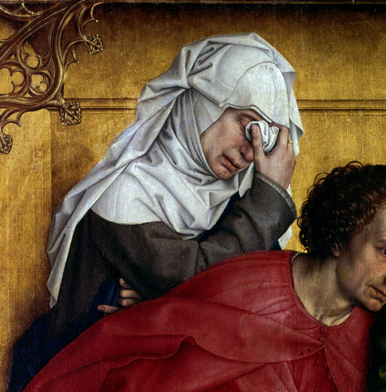 Avsetning eller nedstigning av korset. Detalj av karakteren i tårer. Rogier altertavle (Roger) Van Der Weyden (1400-1464) 1435 Dim. 2,20 x 0,35 m Madrid, Musee du Prado - Avsetningen eller nedstigningen fra korset. Detalj av de sørgende karakterene. Altarp av Rogier van der Weyden