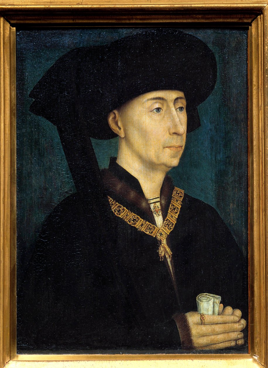 Portrett av Filip III av Burgund kalt Filip den gode (1396-1467) Han bærer dekorasjonen av Ordenen av det gylne skinn. Maleri av Roger (Rogier) van der Weyden (1400-1464) 1445 Dim. 0,31x0,23 m Dijon, musee des Beaux Arts - Portrett av Philip II av Rogier van der Weyden