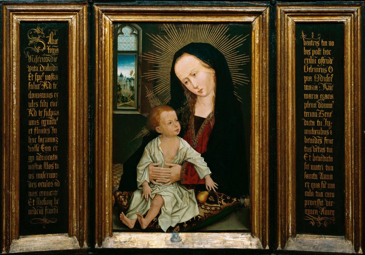 Salve Regina (Salve, O Queen, katolsk bønn), representasjon av jomfruen og barnet som holder en pære (olje på tre) av Rogier van der Weyden