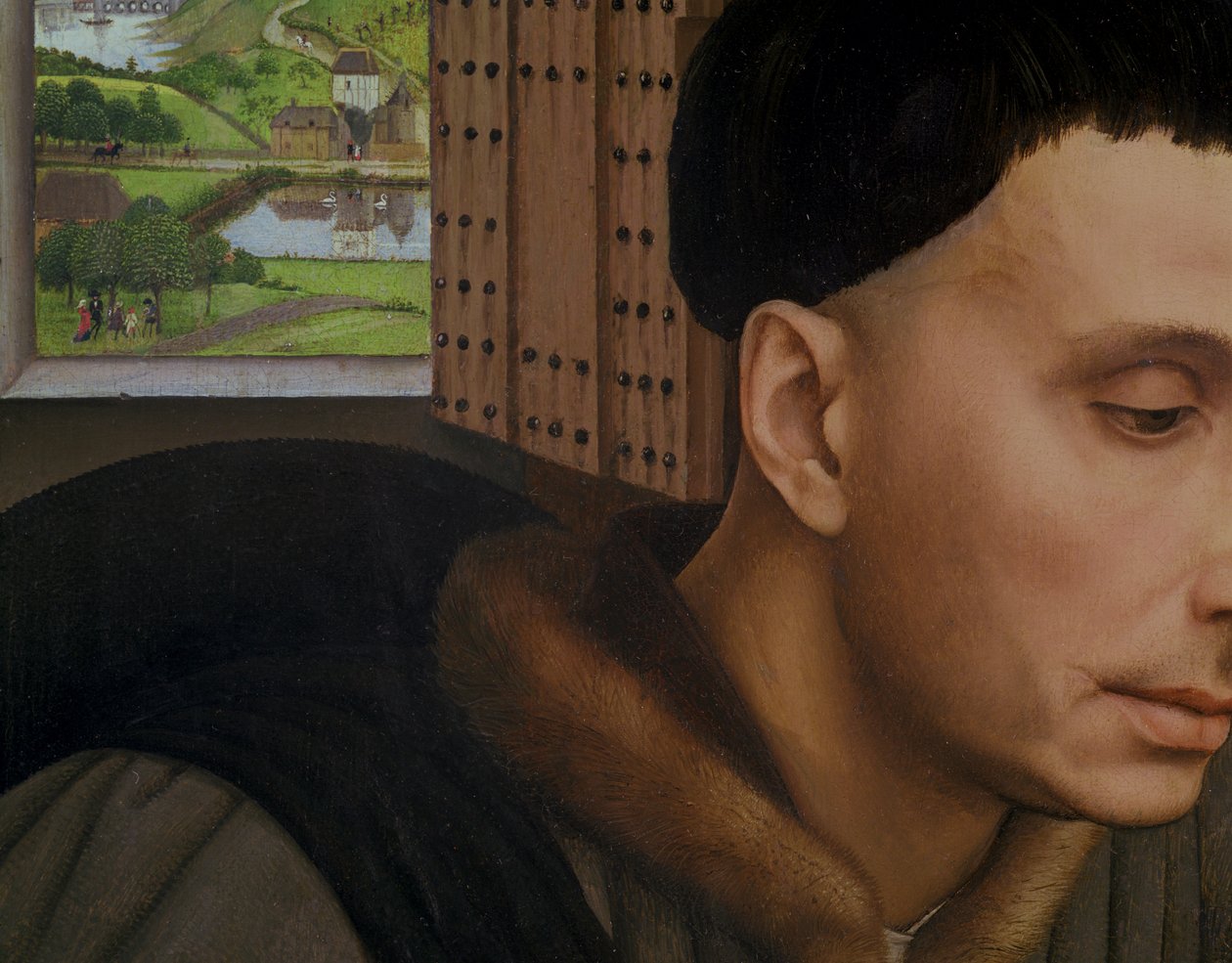 St. Ivo , detalj av vinduet og St. Ivos hode, ca. 1450 av Rogier van der Weyden