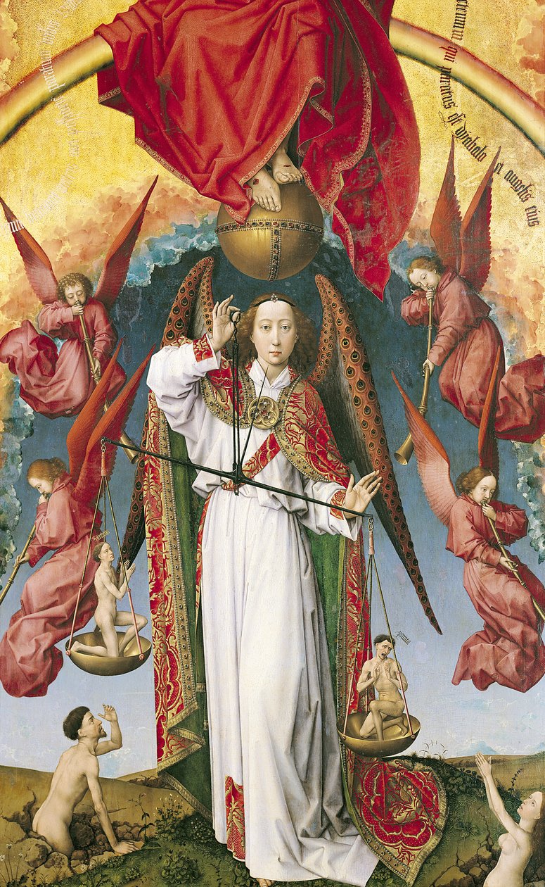 St. Michael Weighing the Souls, fra den siste dommen, ca. 1445-50 (detalj av 170072) av Rogier van der Weyden