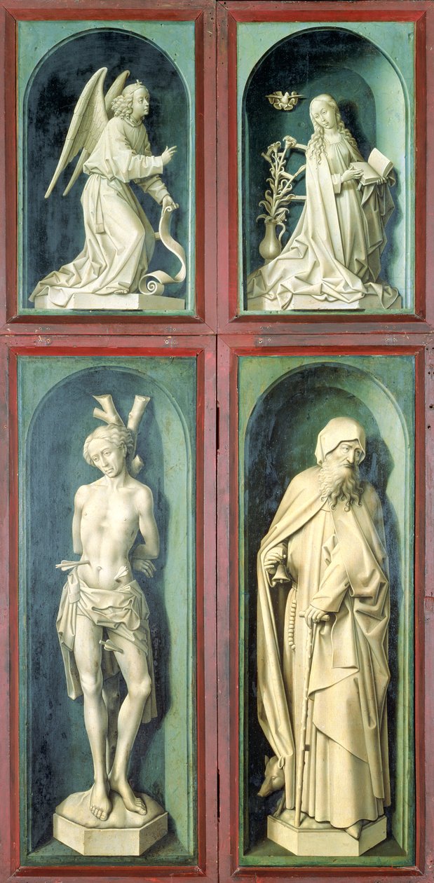 Bebudelsen, St. Sebastian, St. Anthony den store og de to giverne, paneler fra baksiden av den siste dommen, ca. 1445-50 (olje på panel) av Rogier van der Weyden