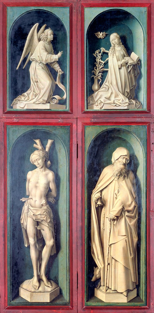 Bebudelsen, St. Sebastian og St. Anthony den store, paneler fra baksiden av den siste dommen, ca. 1445-50 av Rogier van der Weyden