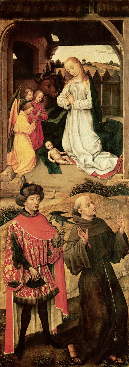 Triptych of the Golgata (venstre panel, Fødselen i den øvre delen, Saint Francis of Assisi og muligens Saint Julian the Hospitaller i den nedre delen) av Rogier van der Weyden