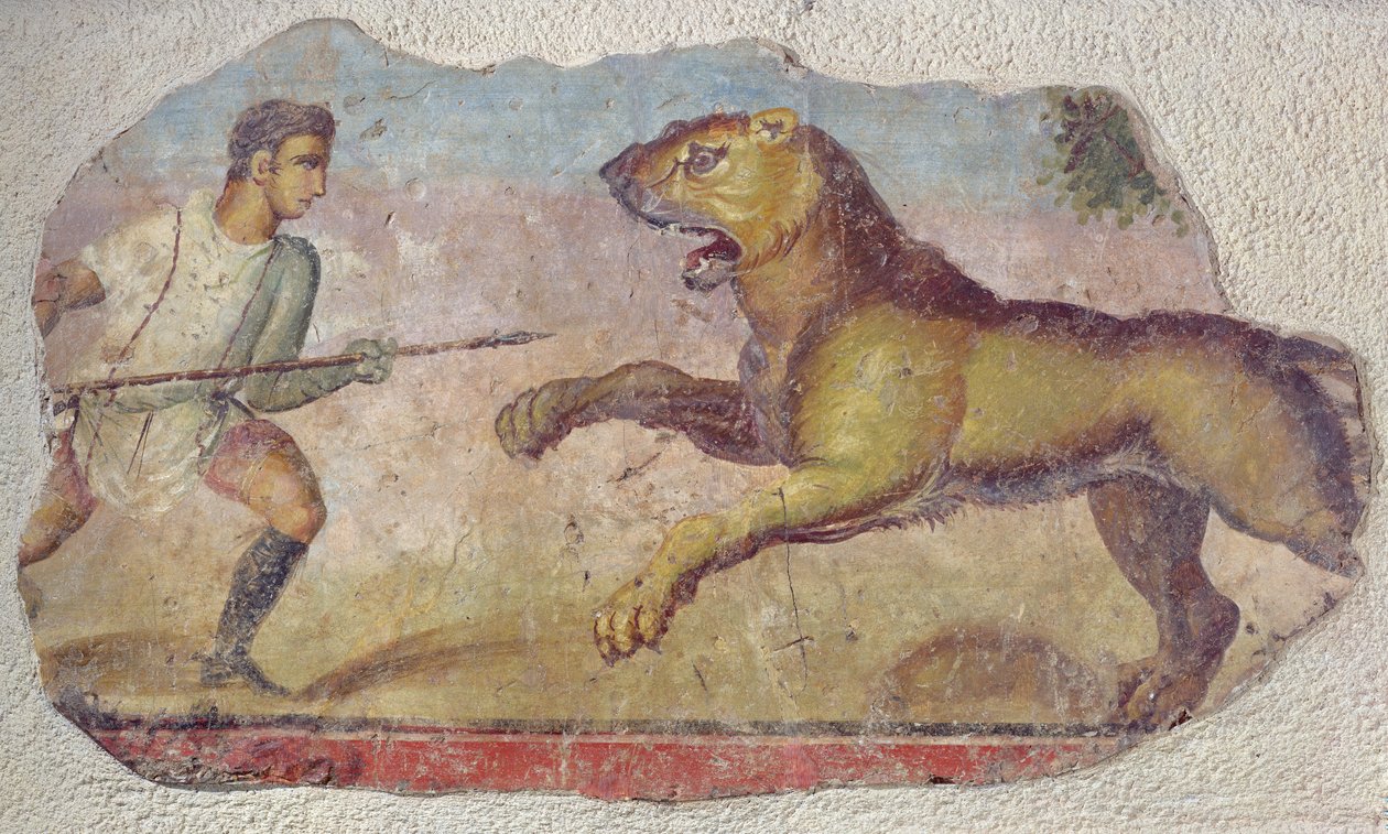 En gladiator som kjemper mot en løve, fra Merida amfiteater av Roman