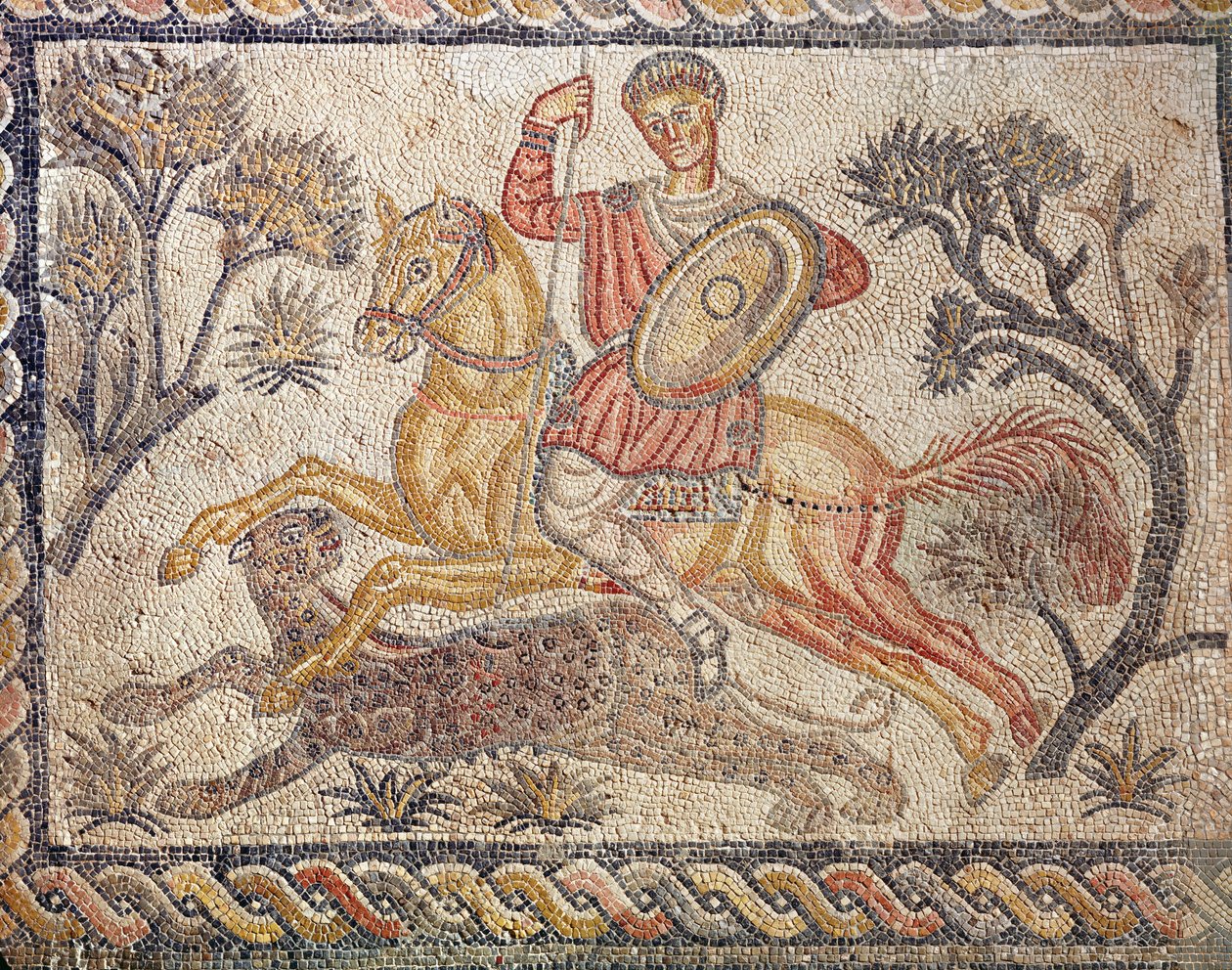 En mosaikk som viser en leopardjakt, fra Villa de las Tiendas, ca. 326-400 (mosaikk) av Roman