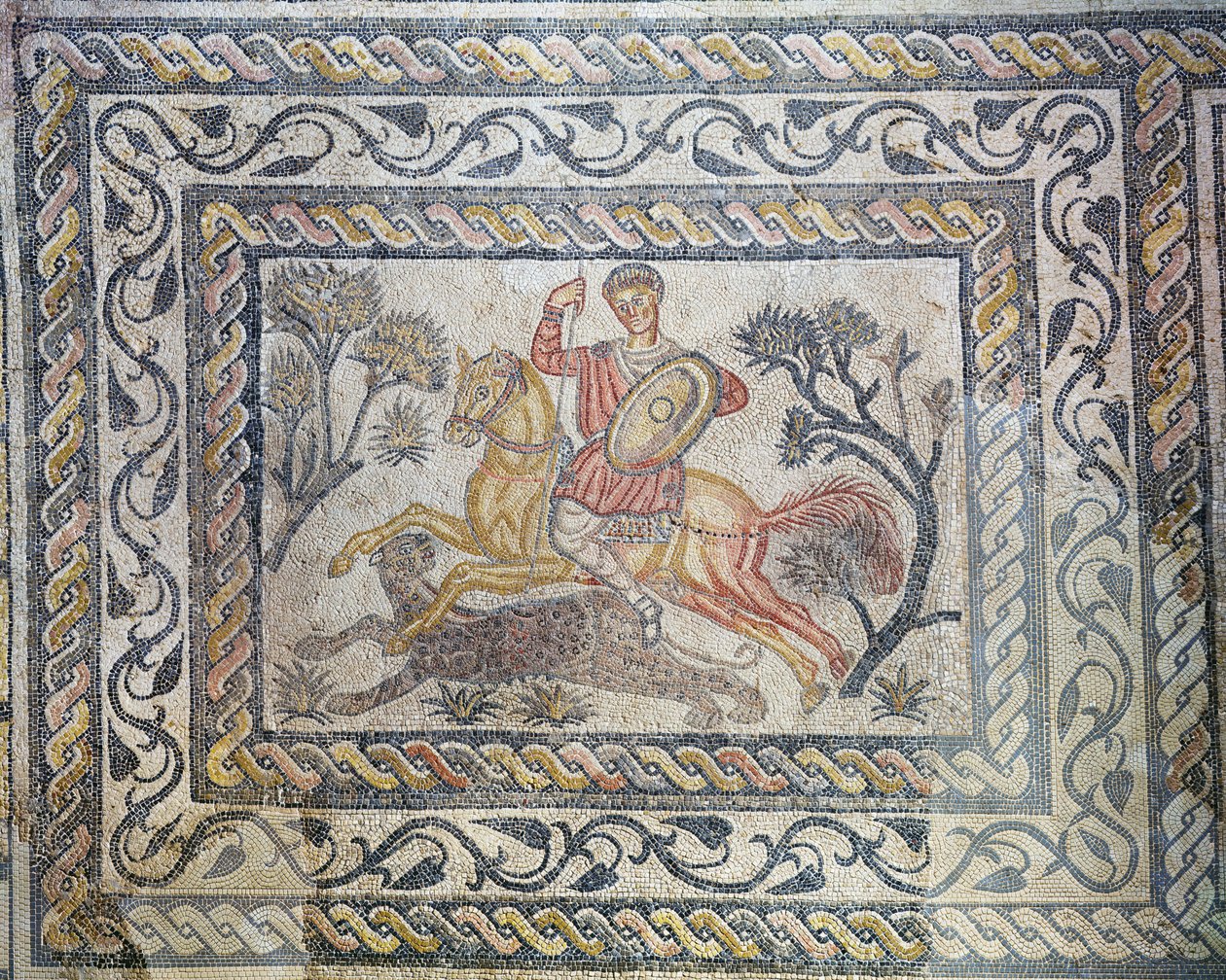 En mosaikk som viser en leopardjakt, fra Villa de las Tiendas, ca. 326-400 (mosaikk) av Roman