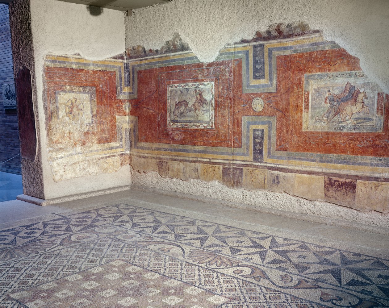 En gjenskaping av interiøret i et romersk hus, med mosaikkgulv og veggmalerier som viser sirkus- og jaktscener (fresco og mosaikk) av Roman