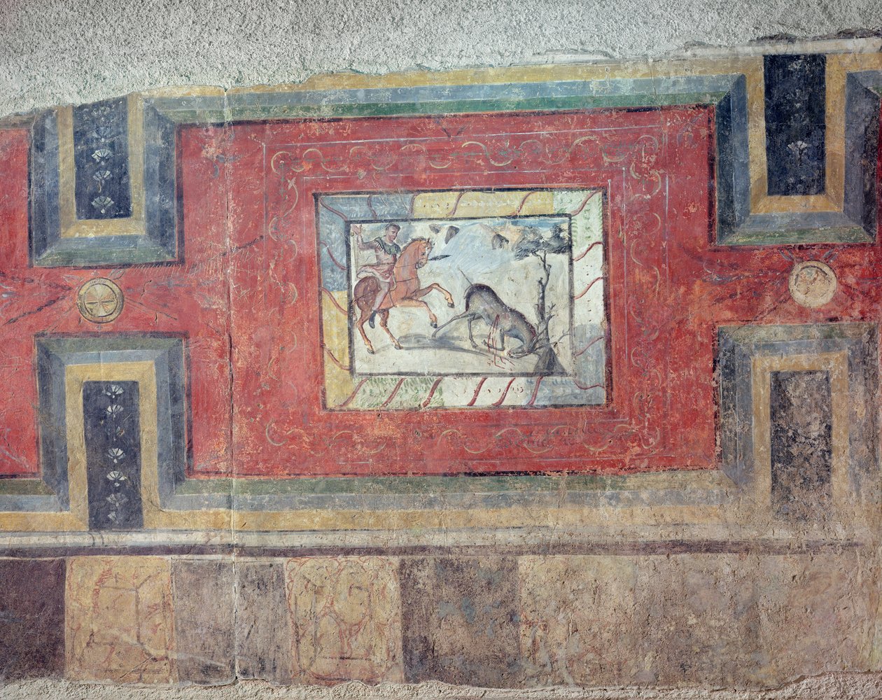Et veggmaleri som viser en jaktscene, fra en gjenskaping av interiøret i et romersk hus av Roman