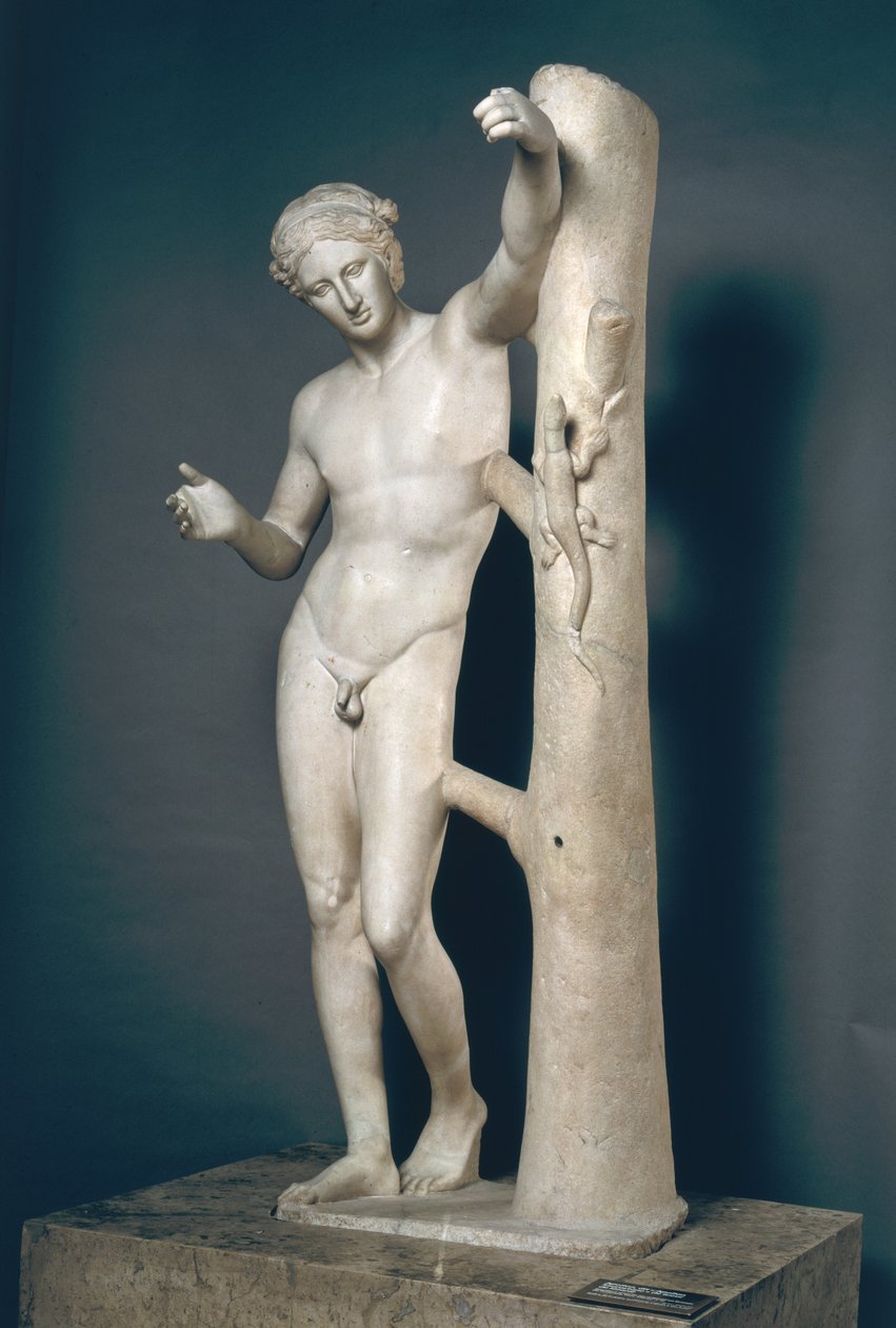 Apollo Sauroktonos (øglemorder) romersk kopi av en gresk bronse laget ca. 350 f.Kr. og tilskrevet Praxiteles (fl. ca. 370-339 f.Kr.) (marmor) av Roman