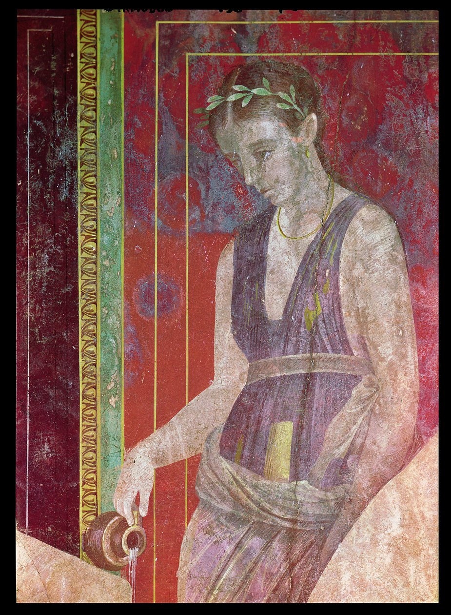 Attendant Helling Liquid from a Jug, North Wall, Oecus 5, 60-50 BC fresco detail of 57185 av Roman