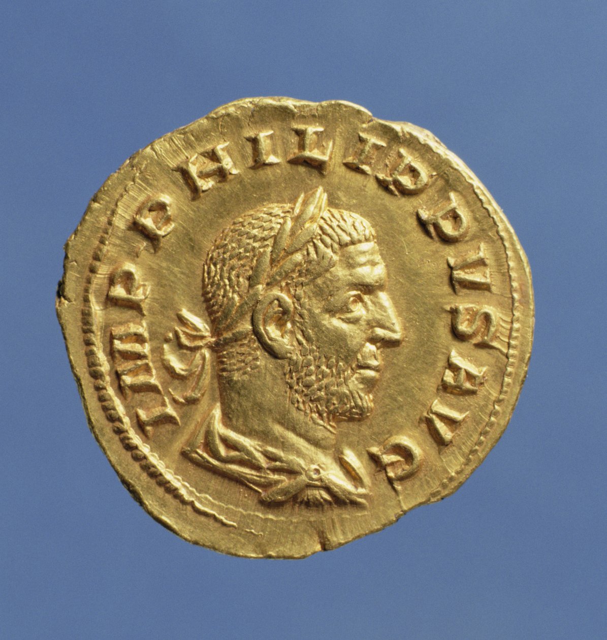 Aureus (forsiden) av Filip den araber (244-249) drapert, cuirassed, iført en laurbærkrans. Innskrift: IMP PHILIPPVS AVG (gull) av Roman