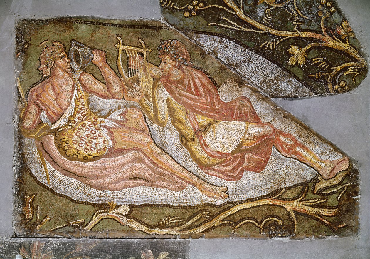 Bacchus Reclining, detalj fra The Punishment of Lycurgus, 2.-3. århundre (mosaikk) av Roman