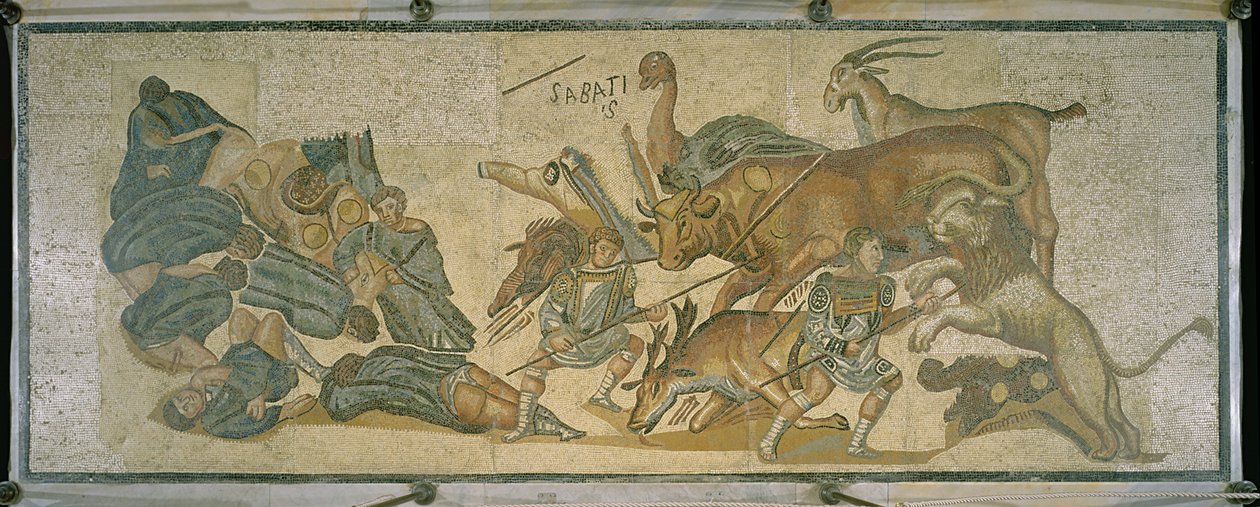 Kamp mellom gladiatorer og dyr, 320 AD (mosaikk) av Roman
