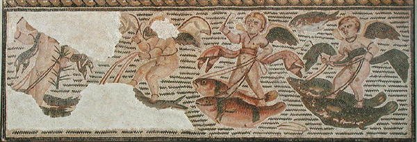 Amorer som rir på fisk, fragment av fortau fra Sousse (Hadrumetum) Tunisia (mosaikk) av Roman