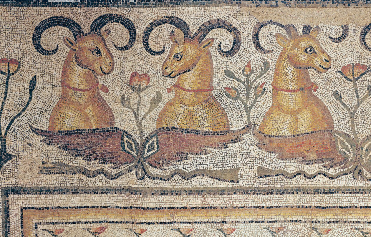 Detalj fra grensen til et fortau, fra gårdsplassen til en villa i Daphne, Antiokia (mosaikk) av Roman