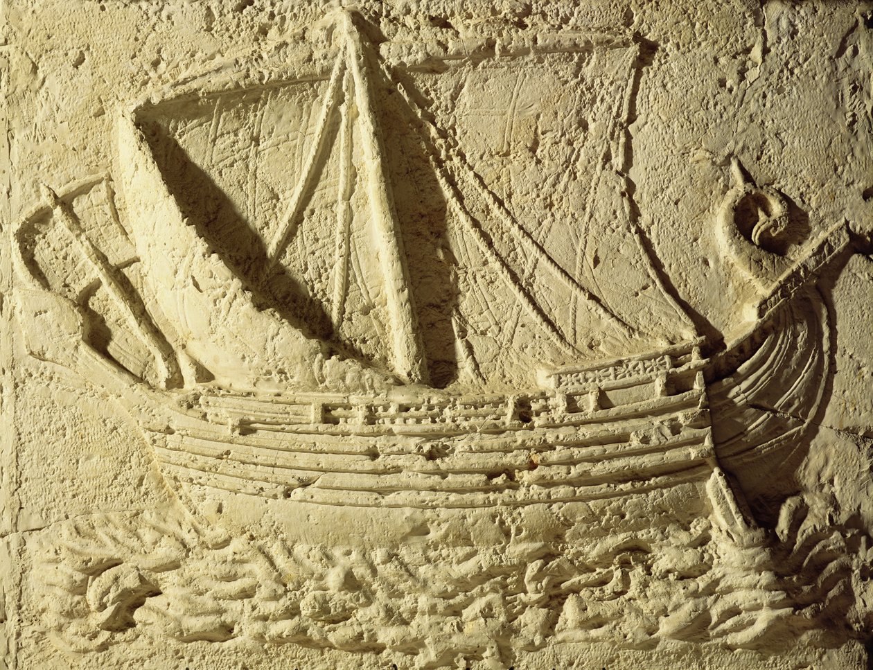 Detalj av et relieff av en båt, fra en sarkofagstein av Roman