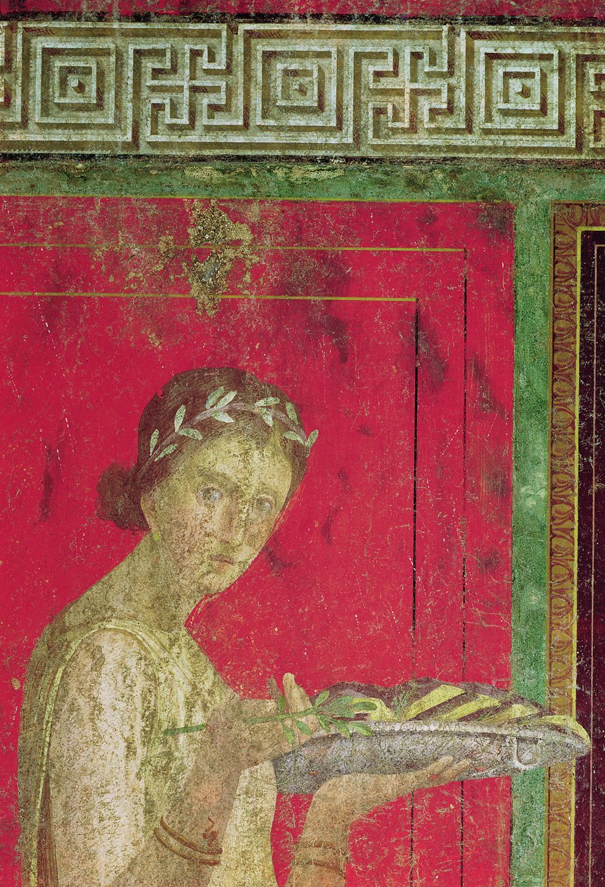 Detalj av den innviede, fra katekismescenen, Nordmuren, Oecus 5, 60-50 f.Kr. fresco se også 20015 av Roman