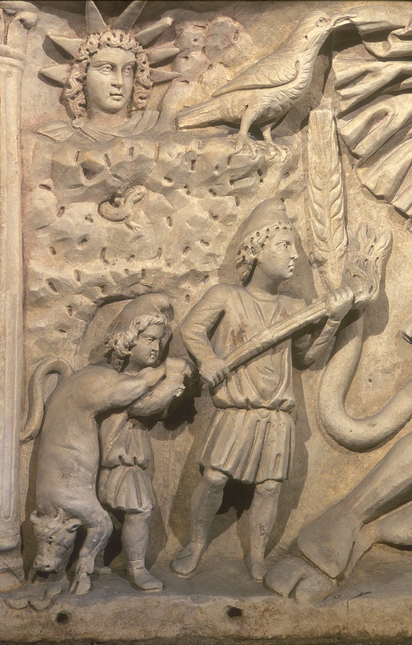 Detalj av relieffet på Mithraic alter-marmoren av Roman