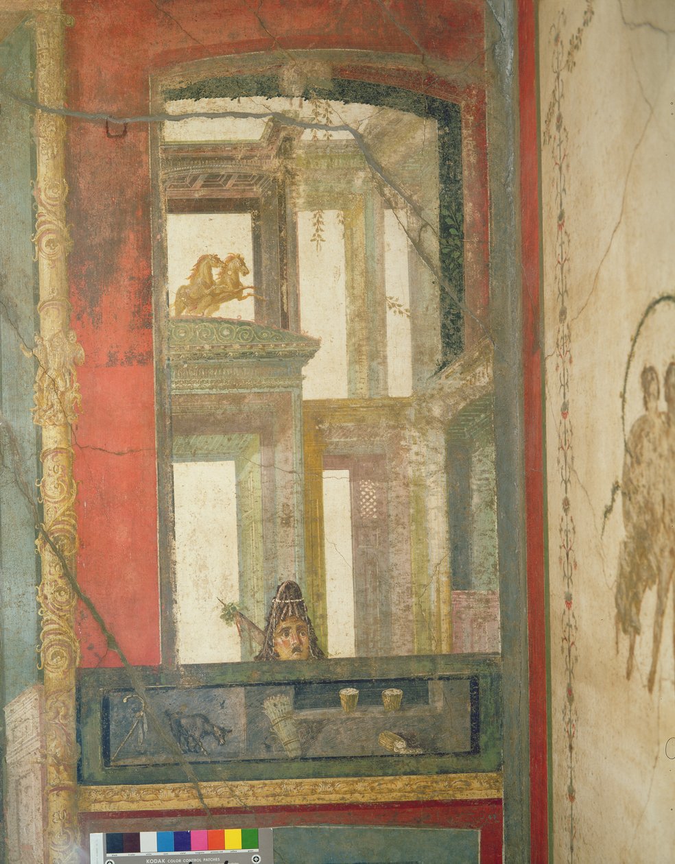 Fantastisk arkitektur med to hester og en teatralsk maske, fra Case dei Vettii (Vettiienes hus) ca. 50-79 e.Kr. av Roman