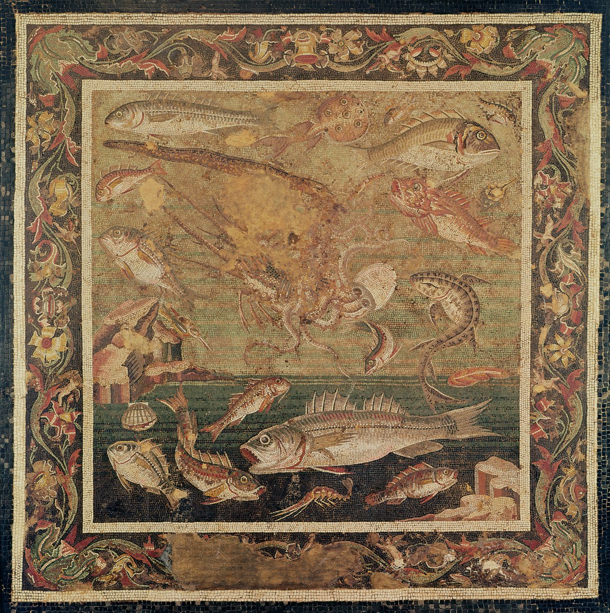 Fisk, bløtdyr og krepsdyr (mosaikk) av Roman