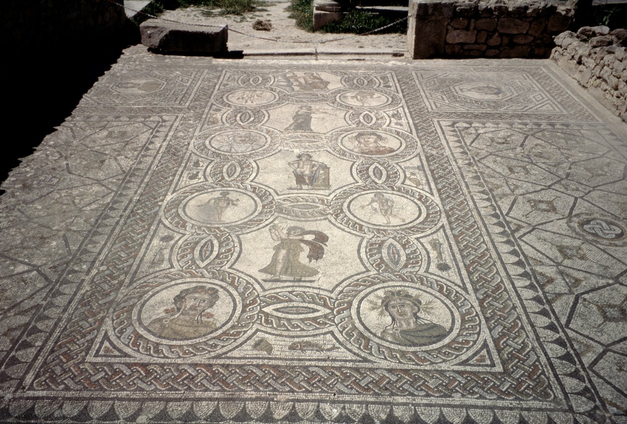 Guder og gudinner, fra hovedrommets etasje i et hus (mosaikk) av Roman
