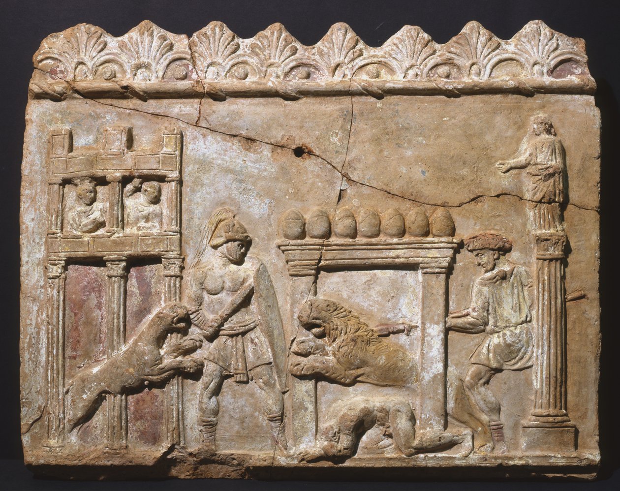 Løver og gladiatorer i arenaen (terrakotta) av Roman