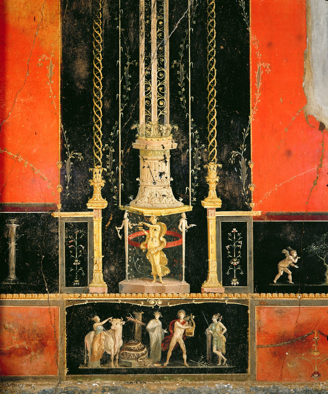 Mytologiske og dekorative detaljer fra østmuren i elskerens rom, Casa dei Vettii, ca. 5-79 e.Kr. (veggmaleri) av Roman