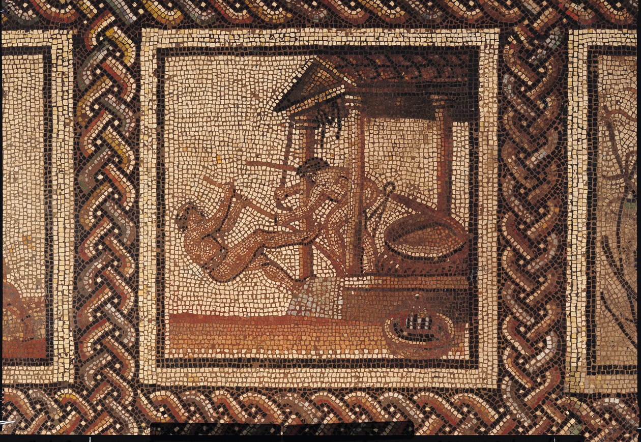 Olivenpressing (mosaikk), opprinnelig fra Saint-Romain-en-Gal av Roman