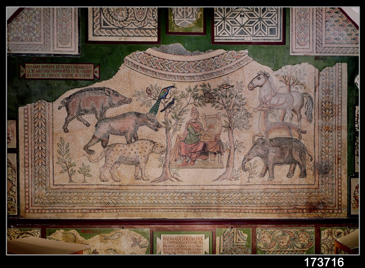 Orpheus sjarmerer dyrene, fra stedet til Blanzy (mosaikk) (se også 37337) av Roman