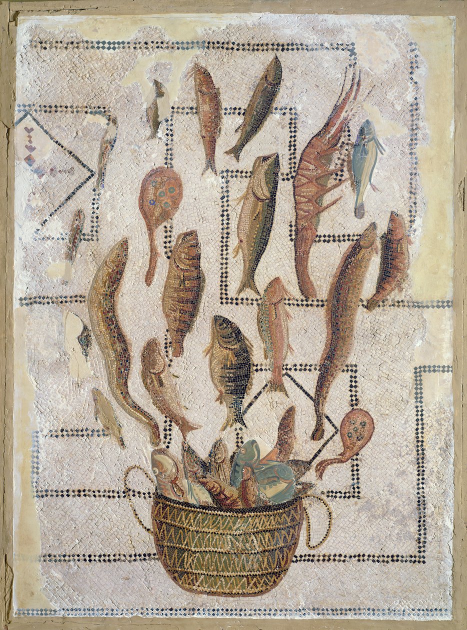 Fortau som viser fisk som rømmer fra en kurv, fra Sousse (mosaikk) av Roman