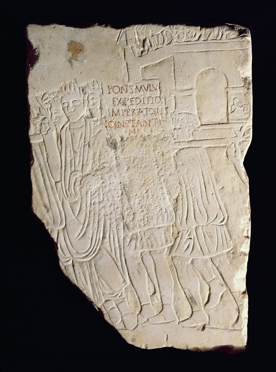 Relieff som viser seieren til Konstantin den store (270-337) over Maxentius (280-312) i slaget ved Pons Milvius i 312 e.Kr. av Roman