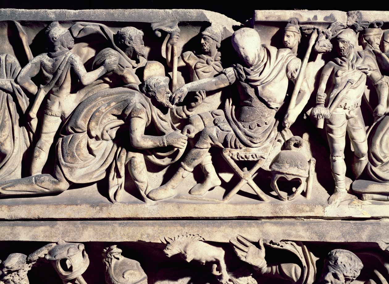 Relieff fra en sarkofag som viser underkastelsen av en barbar til en romersk general av Roman