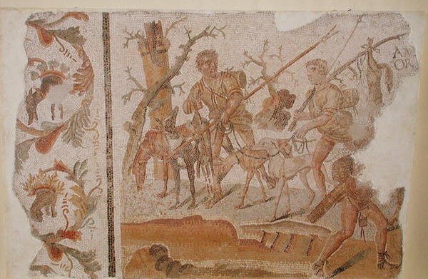 Tilbake fra jakten, fra Medeina (gamle Althiburos) ca. 280-290 (mosaikk) av Roman