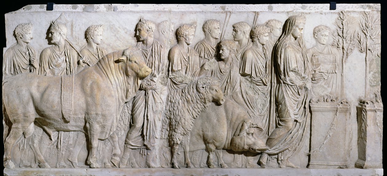 Offer av en okse, en vær og en gris til ære for Gud mars, frise fra alteret til Domitius Ahenobarbus, fra Neptun-tempelet, Roma (detalj) av Roman