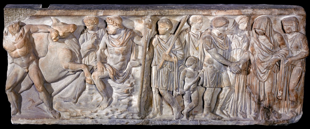 Sarkofag som skildrer Jason og den ildpustende oksen ved Colchis, 753-476 f.Kr. (marmor) av Roman
